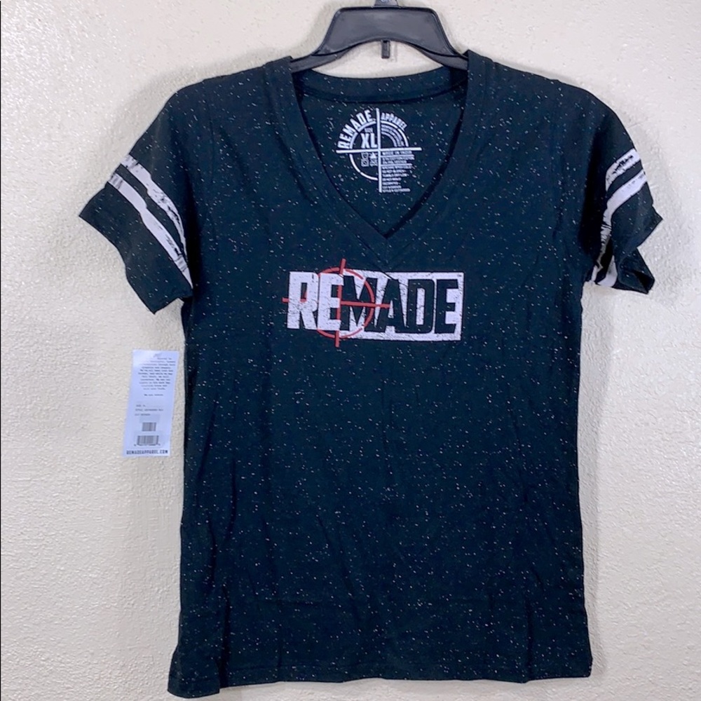 REMADE Tee T-shirt Black w/Specs V-Neck XL Pullover Stretchy Short Sleeve